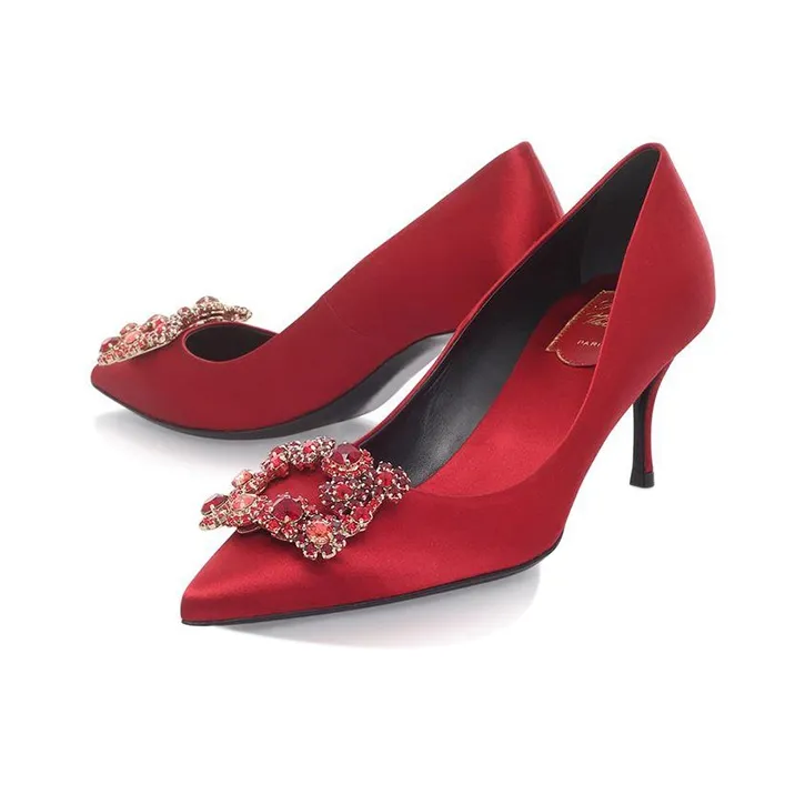 Roger Vivier Flower Strass High Heels 6.5cm Women's Red-4