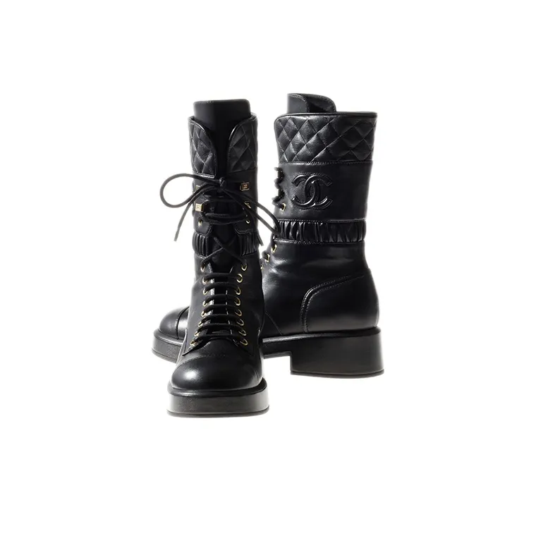 CHANEL Lace Ups Combat Boot Black Leather-2