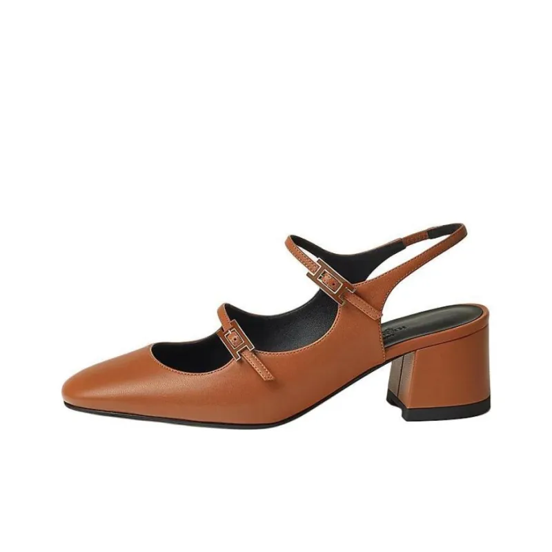 HERMES Jackie Chunky Heel High Heels 5cm Women's Brown-0