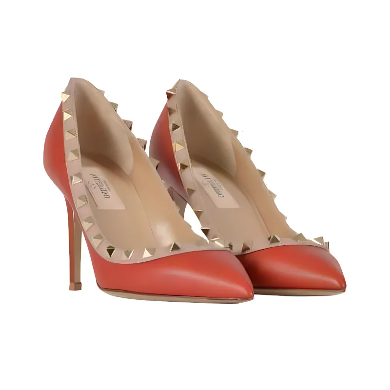 Valentino ROCKSTUD Slim Heel High Heels 10cm Women's Orange Red-3