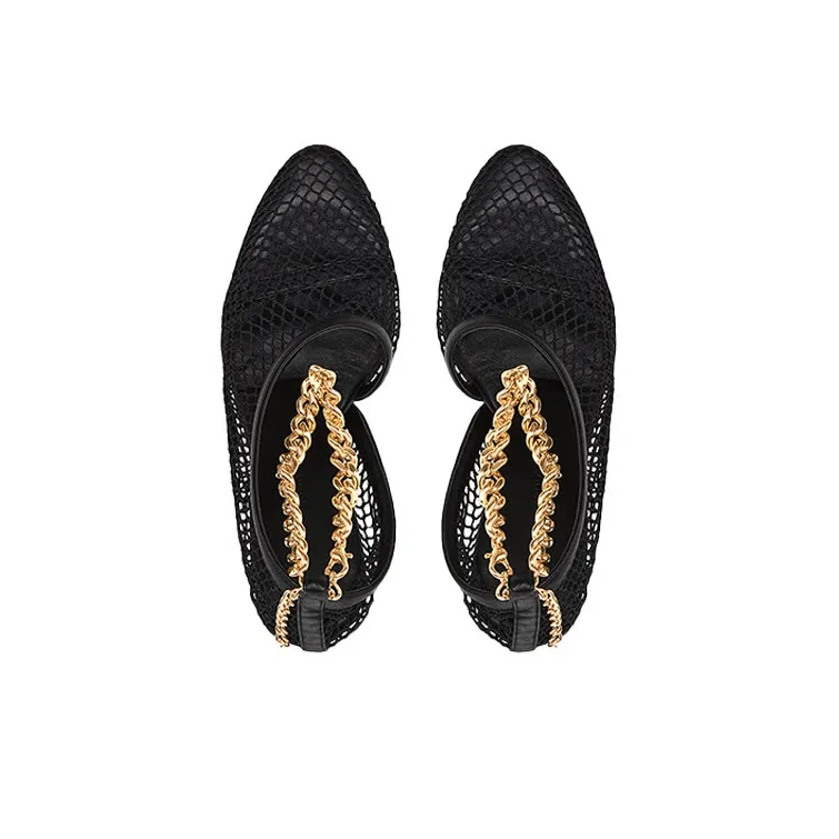 Bottega Veneta Chain Trimmed Mesh Sandals Black Gold Women's-4
