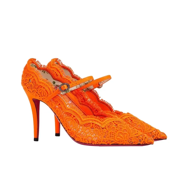 GUCCI Orange Virginia 95 Lace Pumps-2