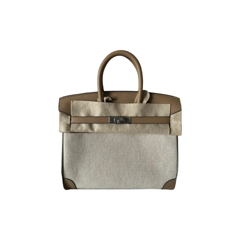 HERMES Birkin Swift Leather With Canvas Canvas Bag Birkin Bag Handbag Women's Milk Tea Beige-0