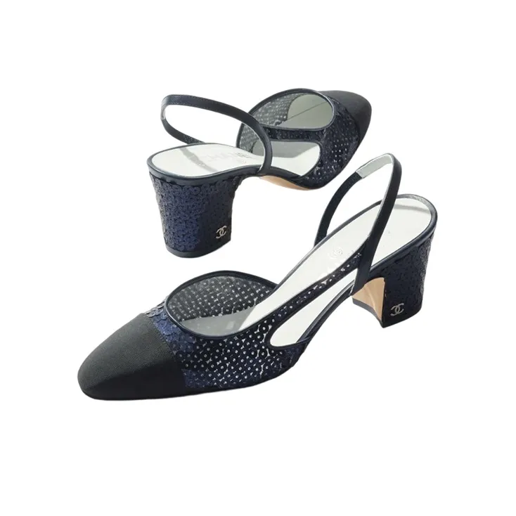 CHANEL Glitter Muslin 65mm Slingbacks Navy Grosgrain Women's-2