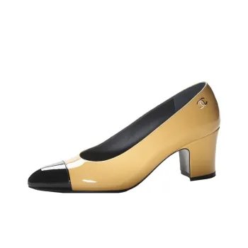 CHANEL Chunky Heel High Heels 6.5cm Women's Yellow Black