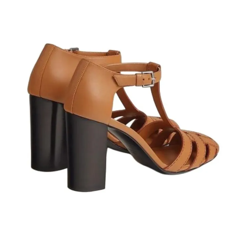 HERMES Chunky Heel High Heels Women's Brown-3