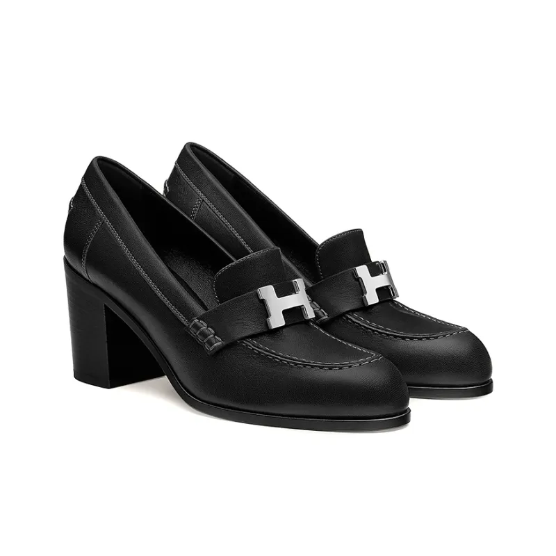 HERMES Dauphine 70 Chunky Heel High Heels Women's Black-3