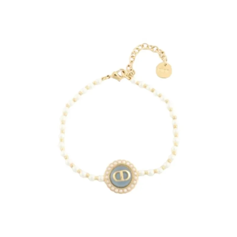 DIOR Metal Resin Pearl Glass Bracelets Women's Gold-4