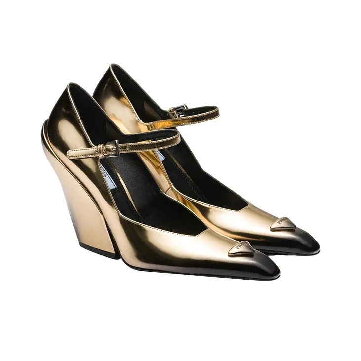 PRADA Chunky Heel High Heels Women's Gold-2