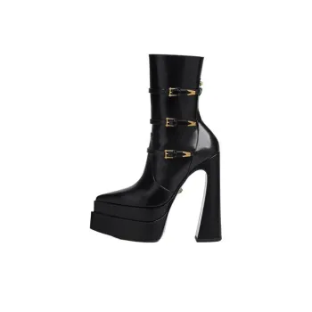 VERSACE Medusa Aevitas 165mm Pointy Platform Booties Black Patent Leather