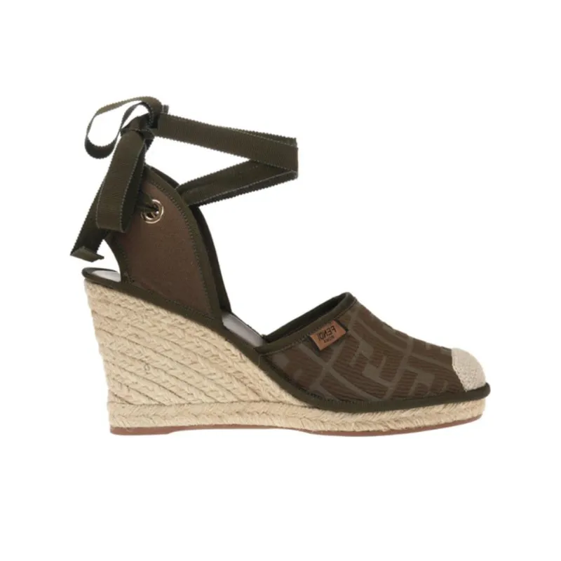 FENDI FF LOGO Wedge Heel High Heels Women's Green Brown-1