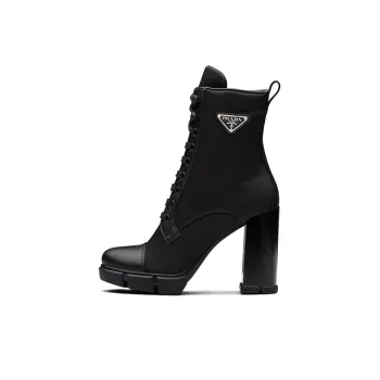PRADA 110 Mm Nylon Booties Black Brushed Leather Women's