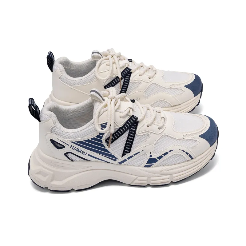 HUANQIU Height Increasing Anti Slip And Wear Resistant Low Top Chunky Sneakers Men's White Beige Blue-3