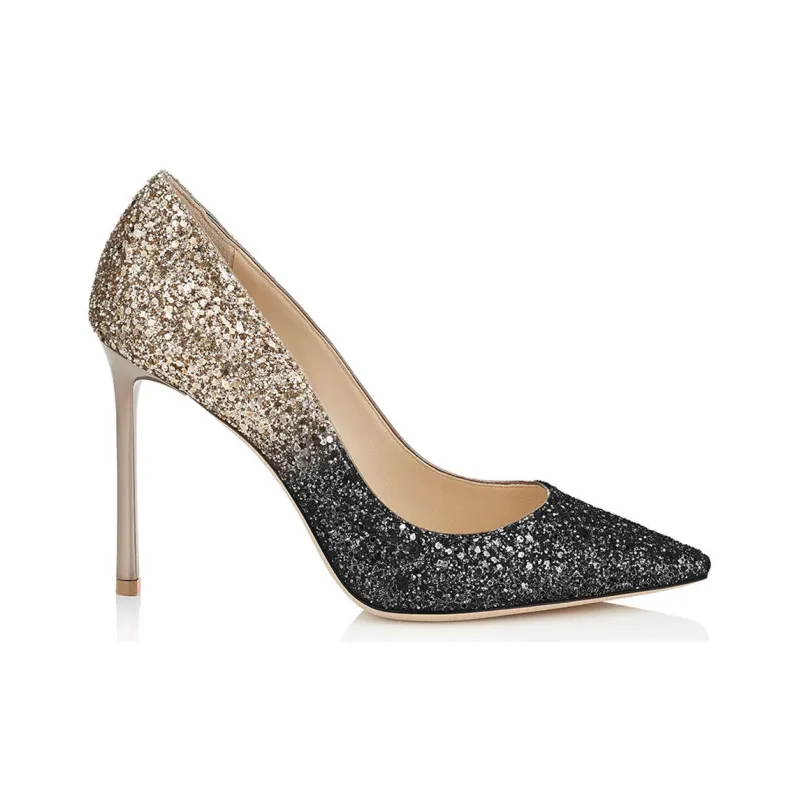 Jimmy Choo ROMY Slim Heel High Heels 10cm Women's Black Gold-3