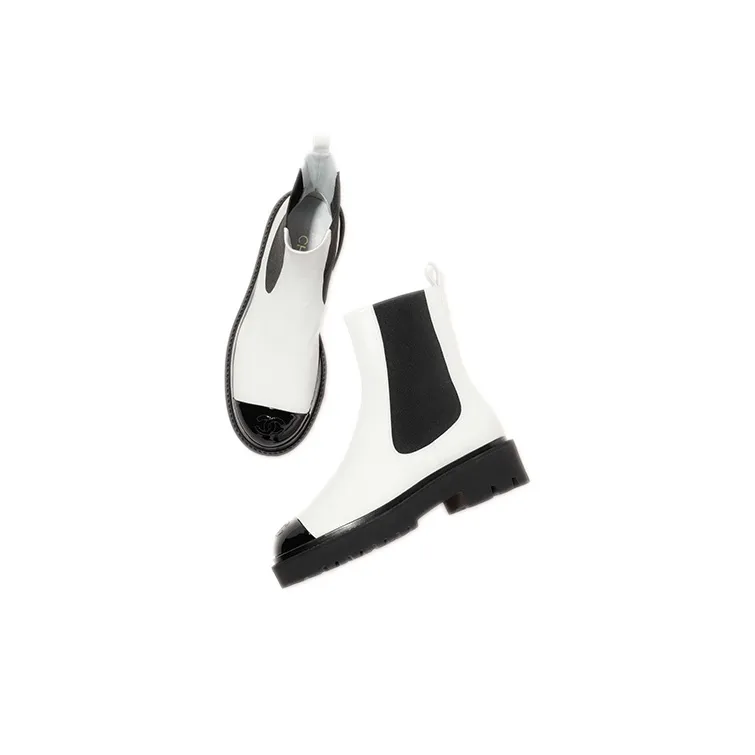 CHANEL Chelsea Boots Medium Heel 3 5cm Women's Black White-2