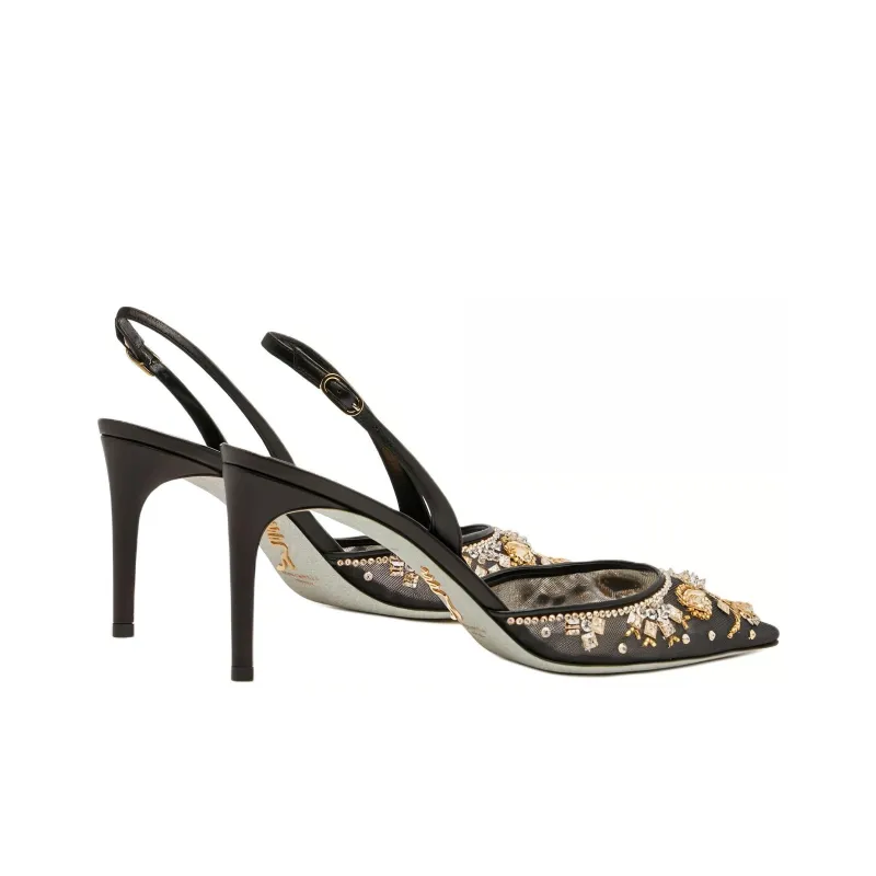 RENE CAOVILLA Aretha Slim Heel High Heels 8cm Women's Black Gold-3