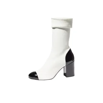 CHANEL Cc 80mm Ankle Boots White Black Knit Women's
