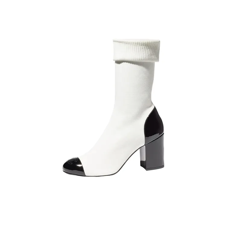 CHANEL Cc 80mm Ankle Boots White Black Knit Women's-0