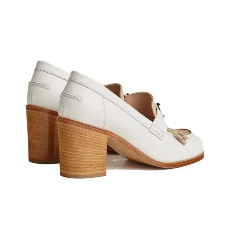 HERMES Elysee Chunky Heel High Heels Women's White-3