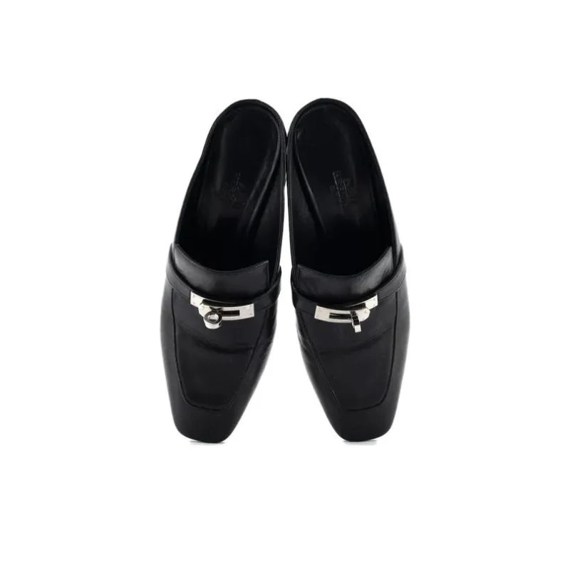 HERMES Block Heel Wrap-toe Slippers 6cm Women's Black-3