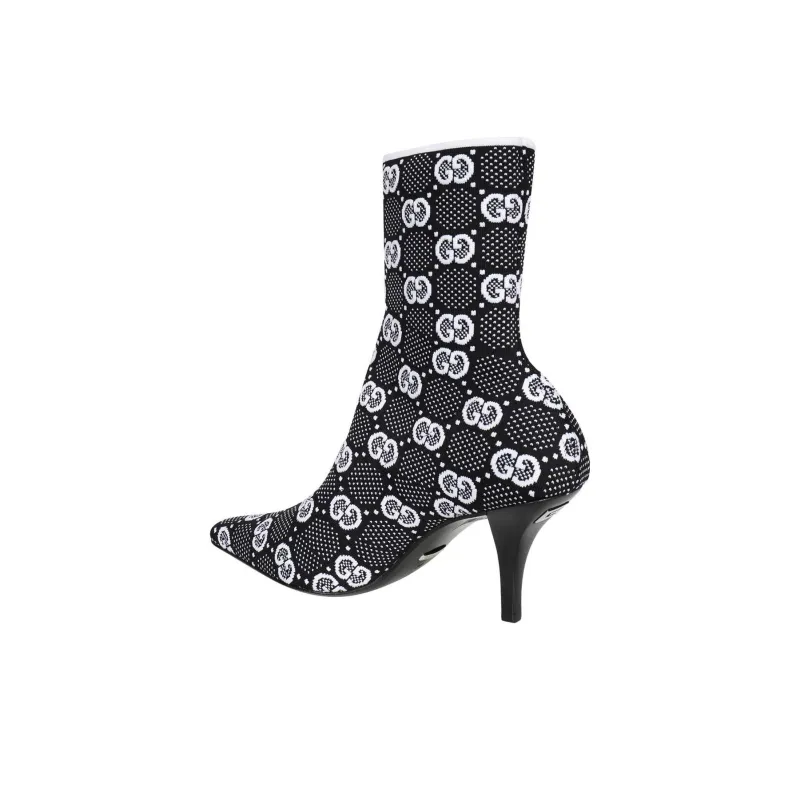GUCCI Gg 75mm Knit Ankle Boots Black White Fabric Women's-3