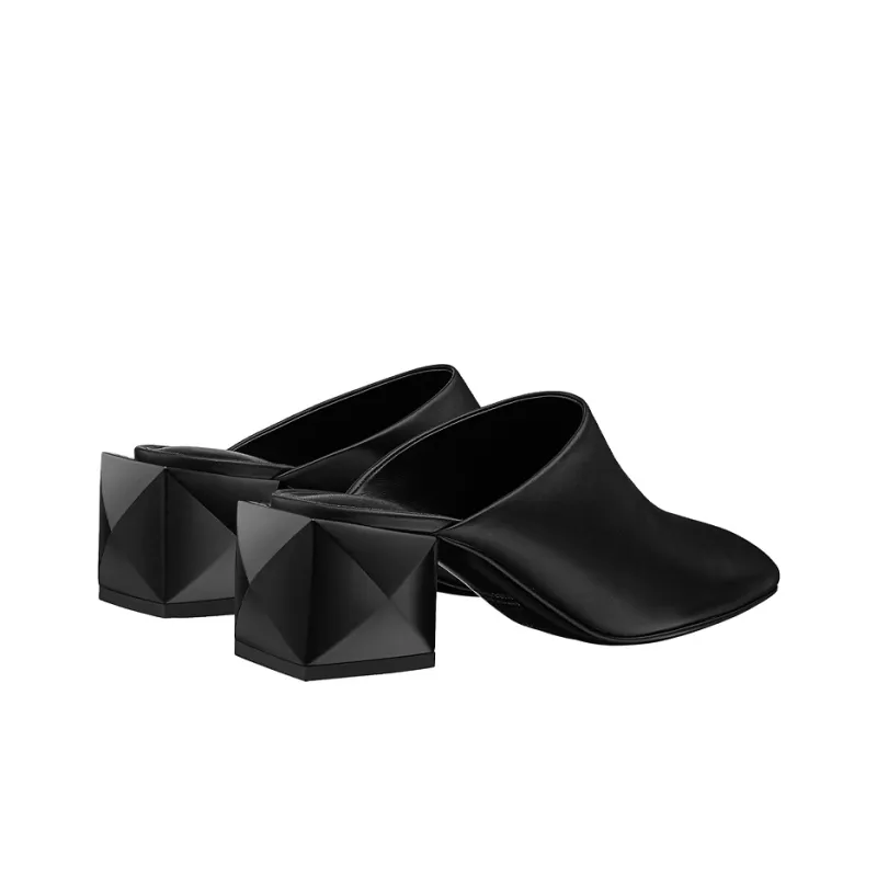 HERMES Block Heel Wrap-toe Slippers 5.5cm Women's Black-3