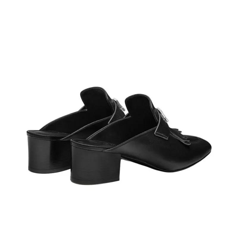 HERMES Block Heel Wrap-toe Slippers Women's Black-3