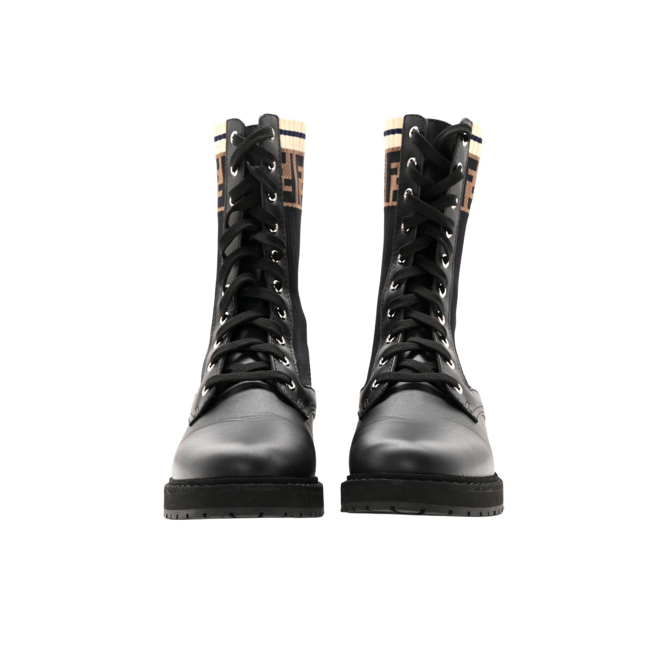 FENDI Women's FF Rockoko Biker Boot 'Black Brown' Shoe Box