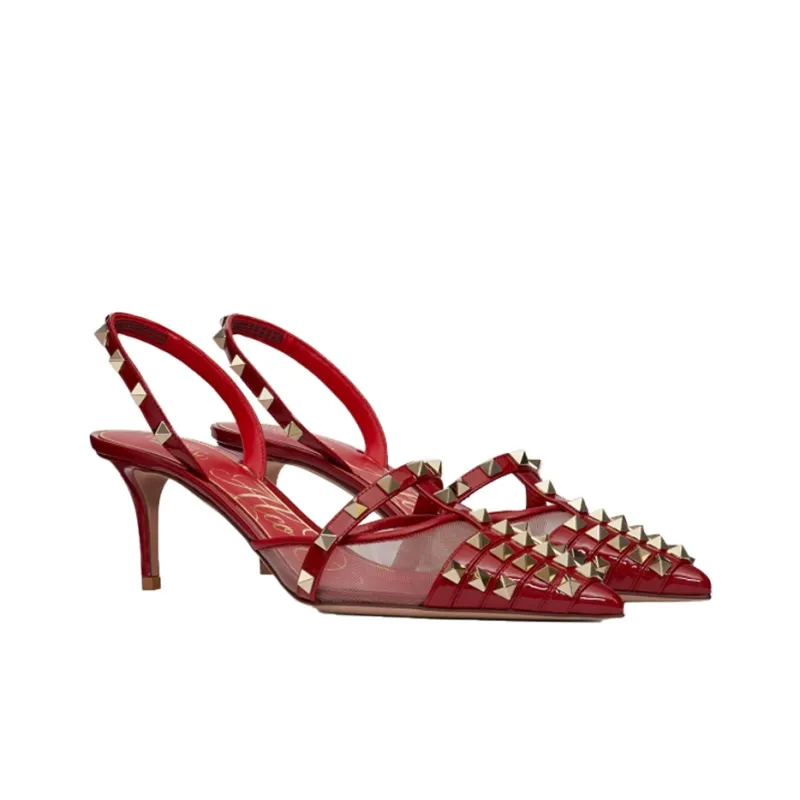 Valentino Rockstud Slim Heel High Heels Women's Red-2