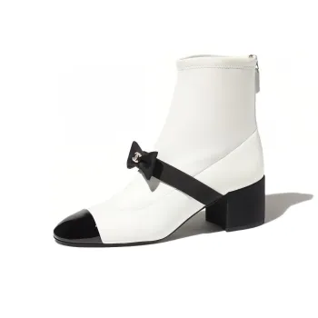 CHANEL 55mm Bow Ankle Boots White Stretch Lambskin Women's