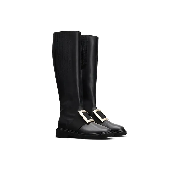 Roger Vivier Viv' Rangers Knee high Boots Artistic Style Thermal Platform Metal Buckle Women's Black-1