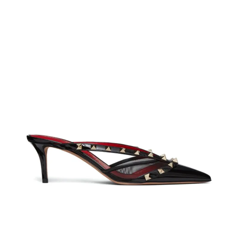 Valentino Rockstud GARAVANI Slim Heel Closed Toe Slippers 6cm Women's Black Red-1