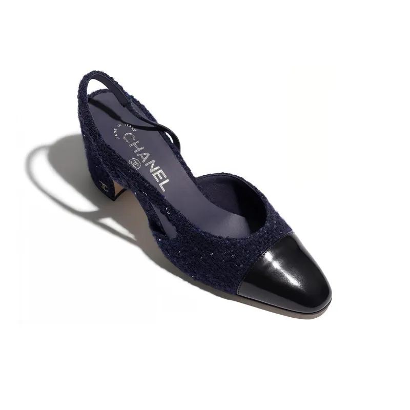 CHANEL Chunky Heel High Heels Women's Marine Blue-4