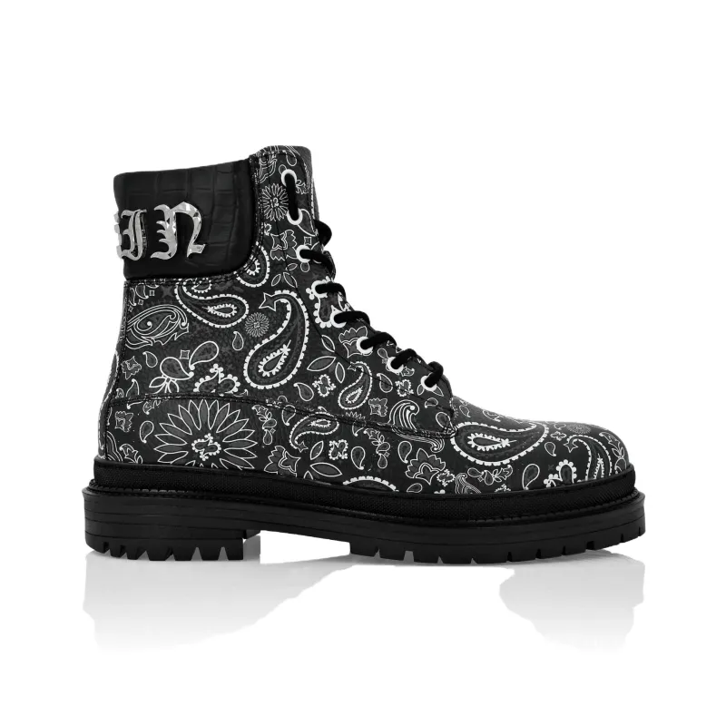 PHILIPP PLEIN Paisley-print Leather Ankle Boots-1