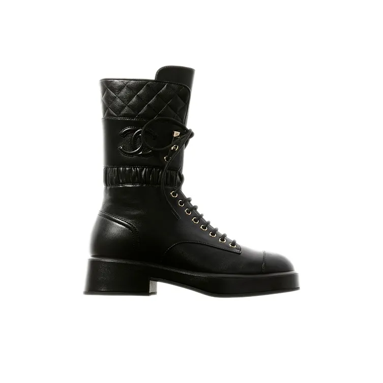 CHANEL Lace Ups Combat Boot Black Leather-1