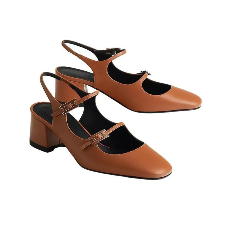 HERMES Jackie Chunky Heel High Heels 5cm Women's Brown-2