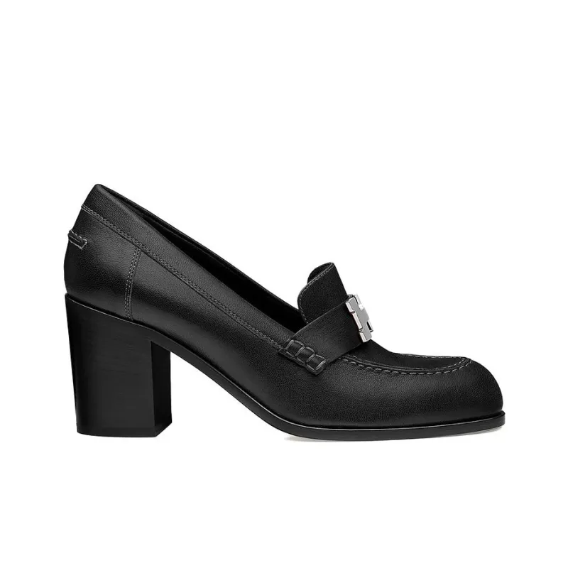 HERMES Dauphine 70 Chunky Heel High Heels Women's Black-1