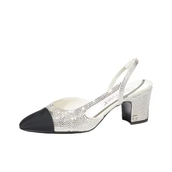 CHANEL Strass 65mm Slingbacks Silver Black Grosgrain Women's
