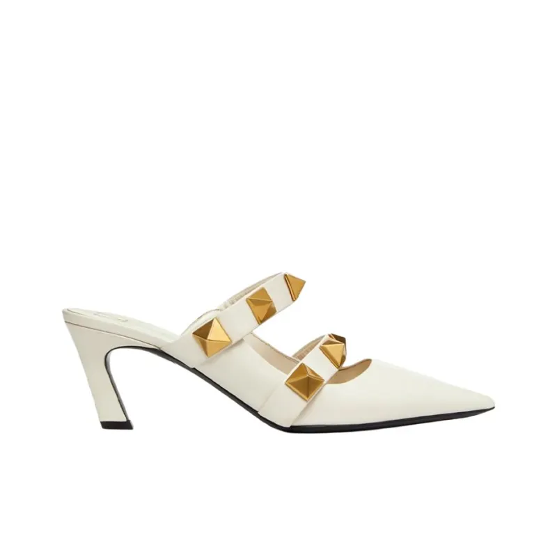 Valentino Roman Stud Block Heel High Heels 6.5cm Women's White-1