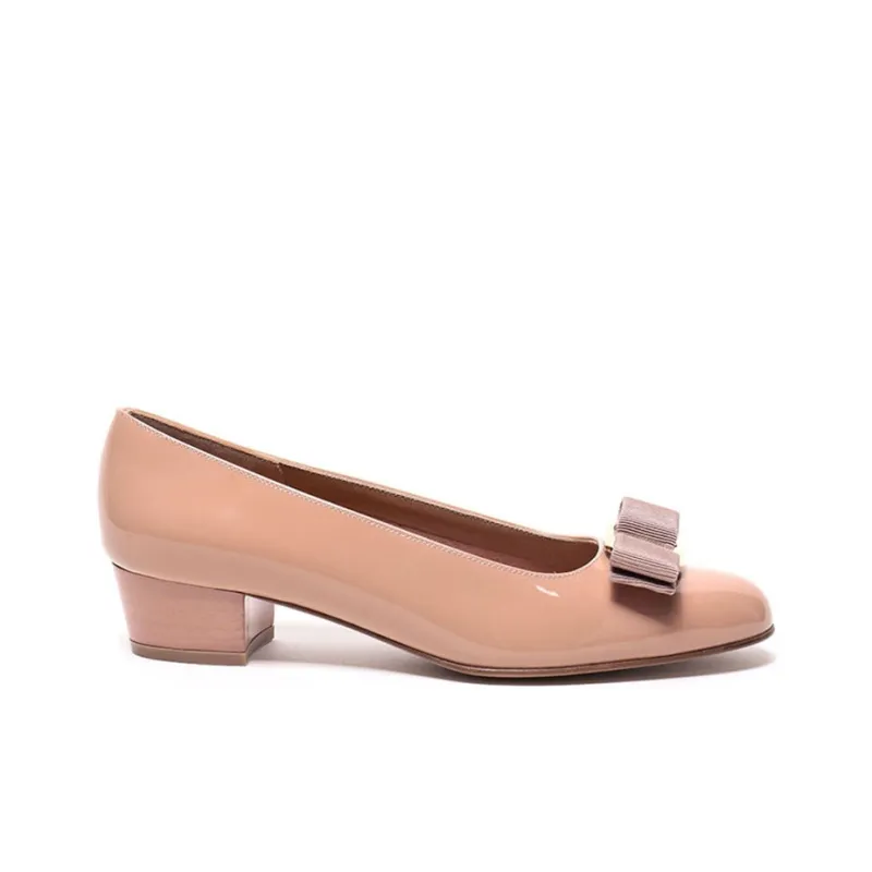 FERRAGAMO Vara Chunky Heel High Heels 3cm Women's Nude Pink-1