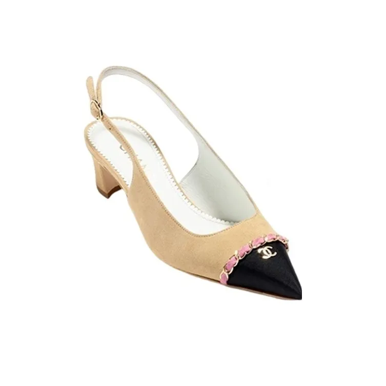 CHANEL Chunky Heel High Heels 4.5cm Women's Beige-2