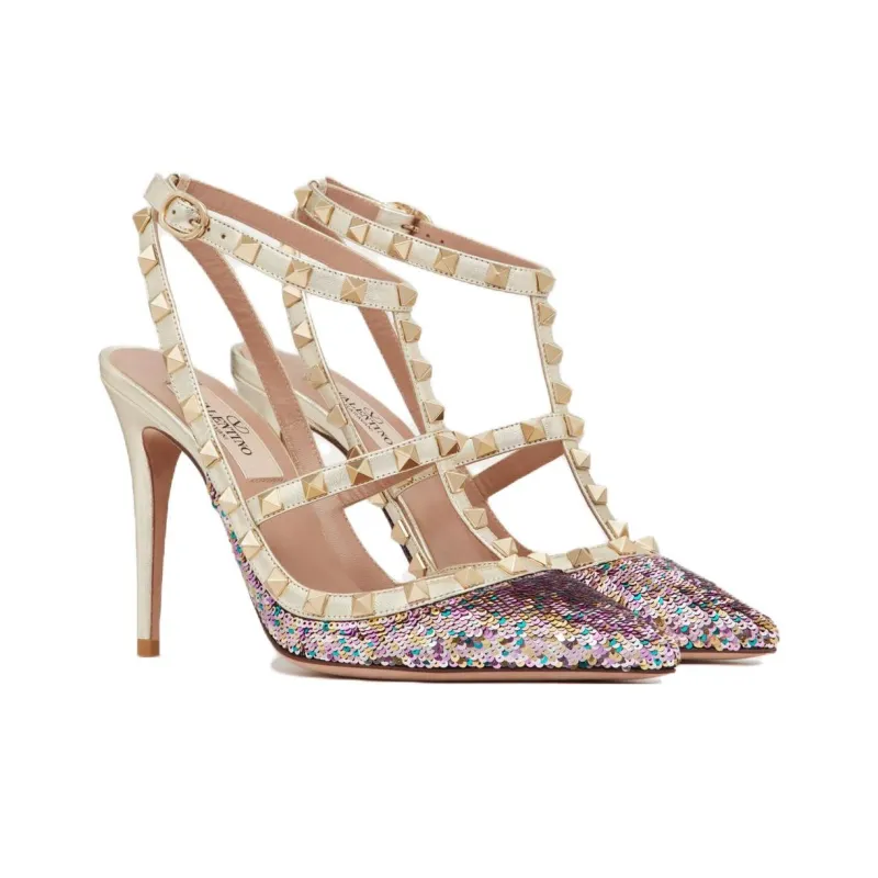 Valentino Rockstud Slim Heel High Heels 10cm Women's Platinum-2
