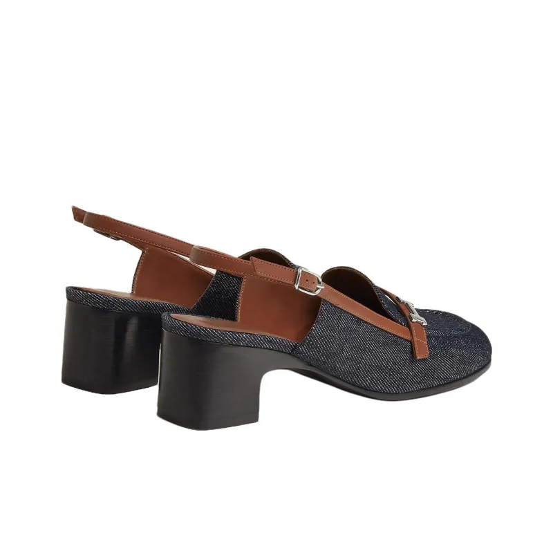 HERMES Infinie Chunky Heel High Heels 5cm Women's Blue-3