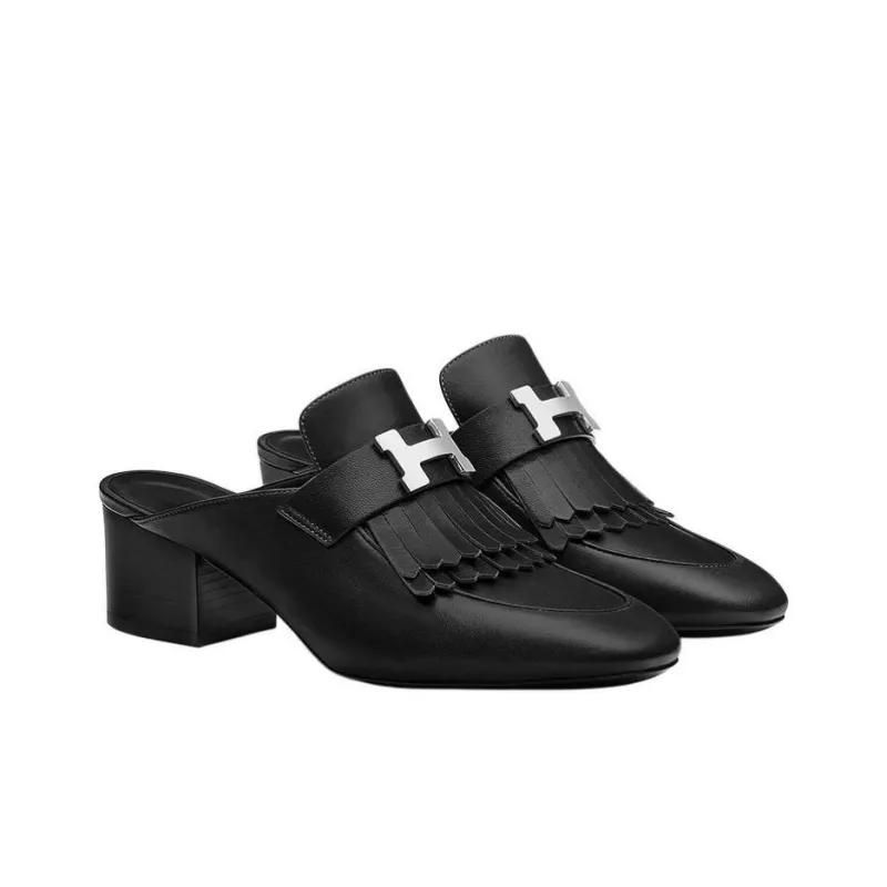 HERMES Block Heel Wrap-toe Slippers Women's Black-2