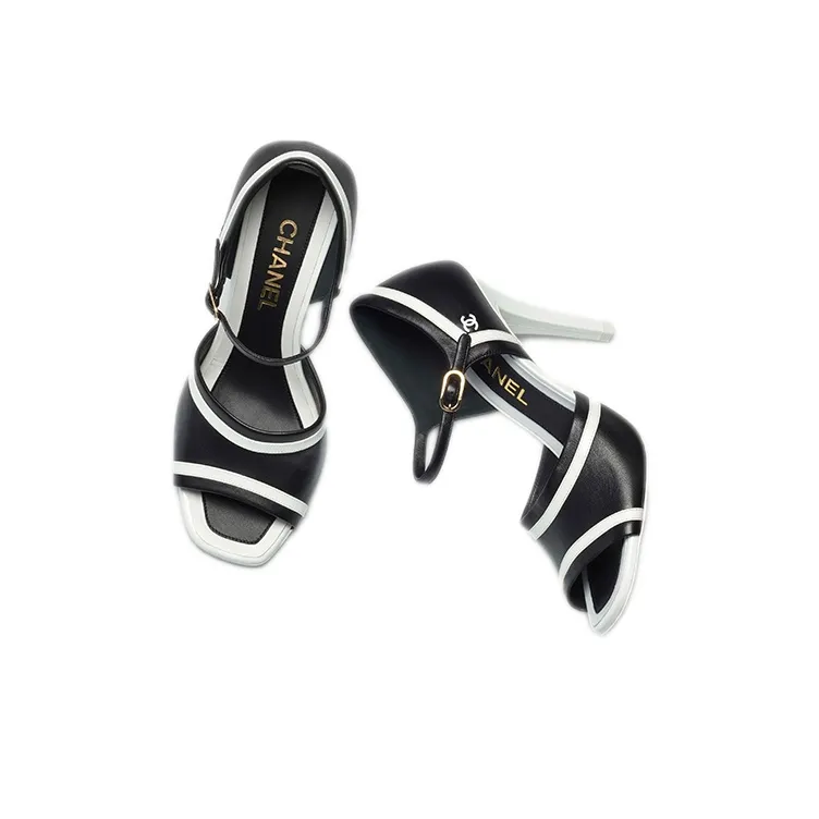 CHANEL Cone Heel High Heels 9.5cm Women's Black White-2