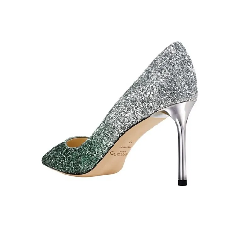 Jimmy Choo ROMY 85 Slim Heel High Heels Women's Silver Green-2