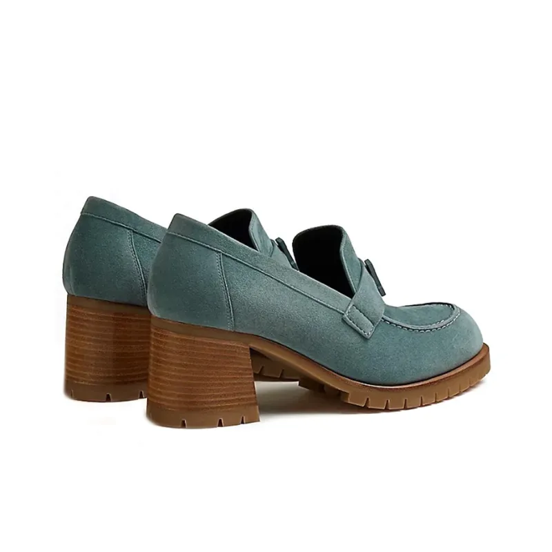 HERMES Chunky Heel High Heels Women's Blue-3