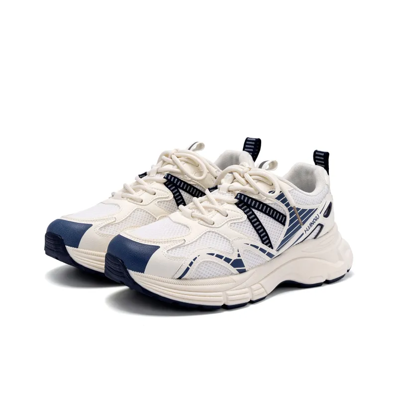 HUANQIU Height Increasing Anti Slip And Wear Resistant Low Top Chunky Sneakers Men's White Beige Blue-2