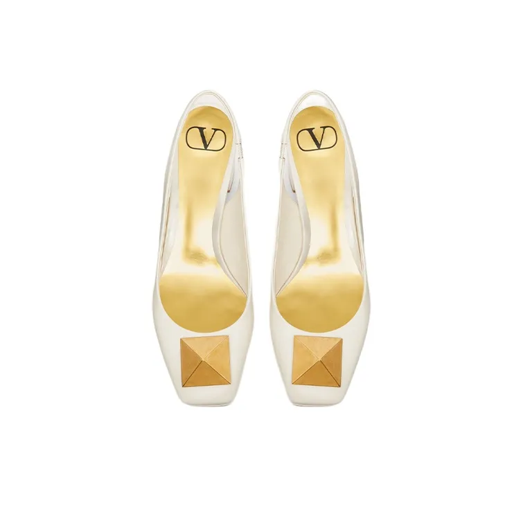 Valentino One Stud Block Heel High Heels Women's White-3