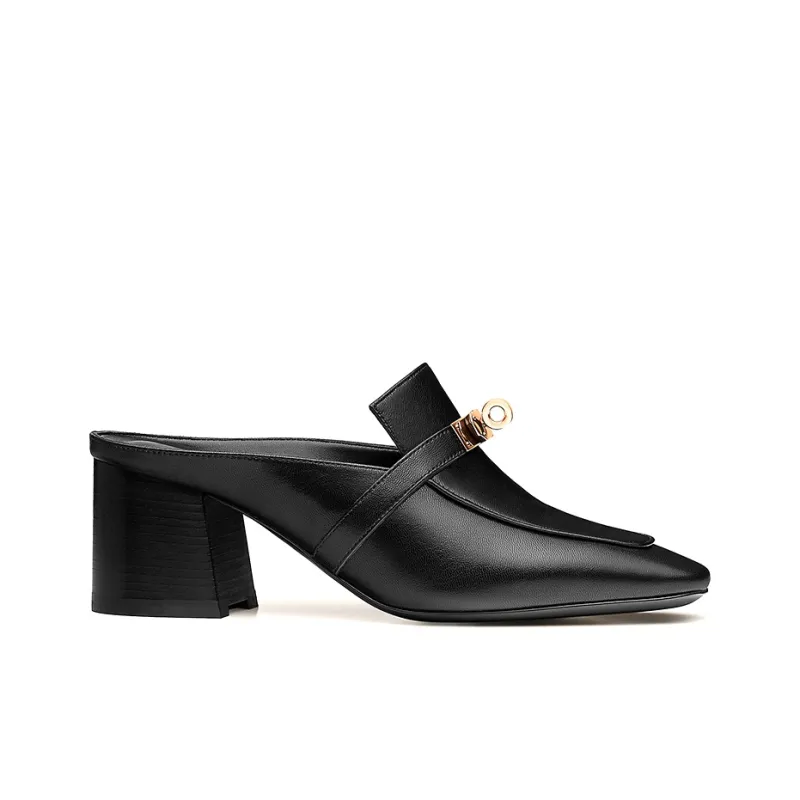 HERMES Blossom Block Heel High Heels 6cm Women's Black-1
